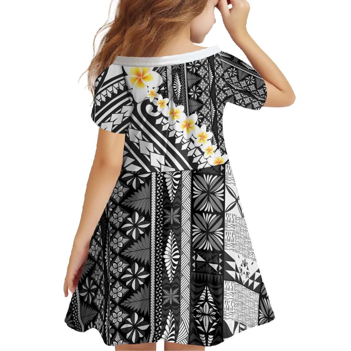 Black Vintage Tonga Ngatu Pattern With Plumeria Family Matching Off The Shoulder Long Sleeve Dress and Hawaiian Shirt - Polynesian Pride