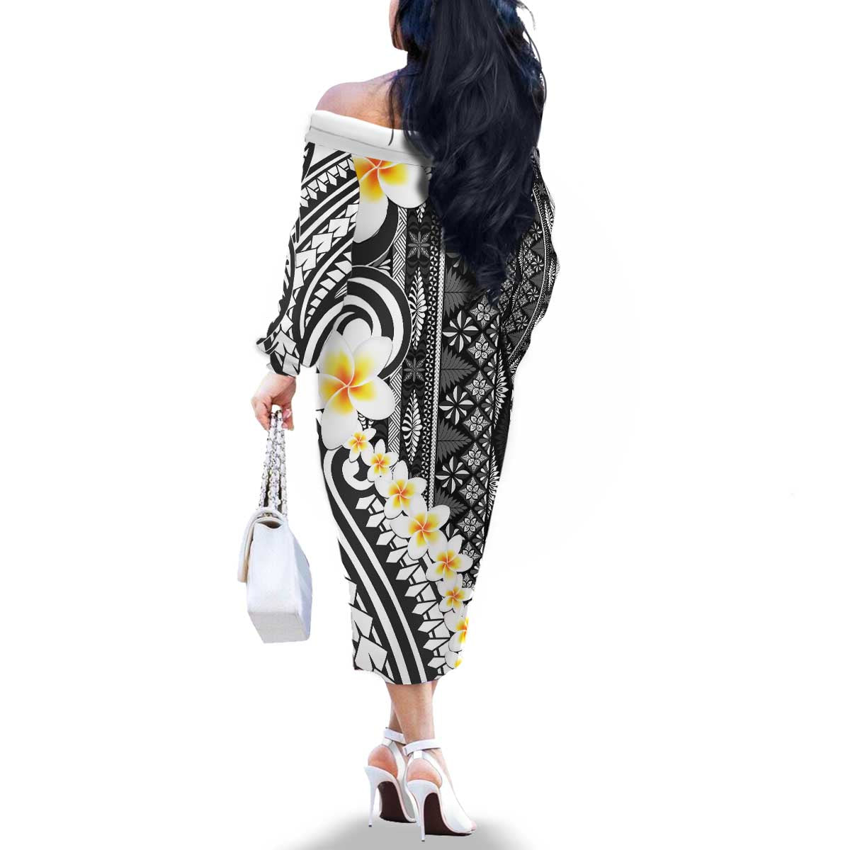Black Vintage Tonga Ngatu Pattern With Plumeria Family Matching Off The Shoulder Long Sleeve Dress and Hawaiian Shirt - Polynesian Pride