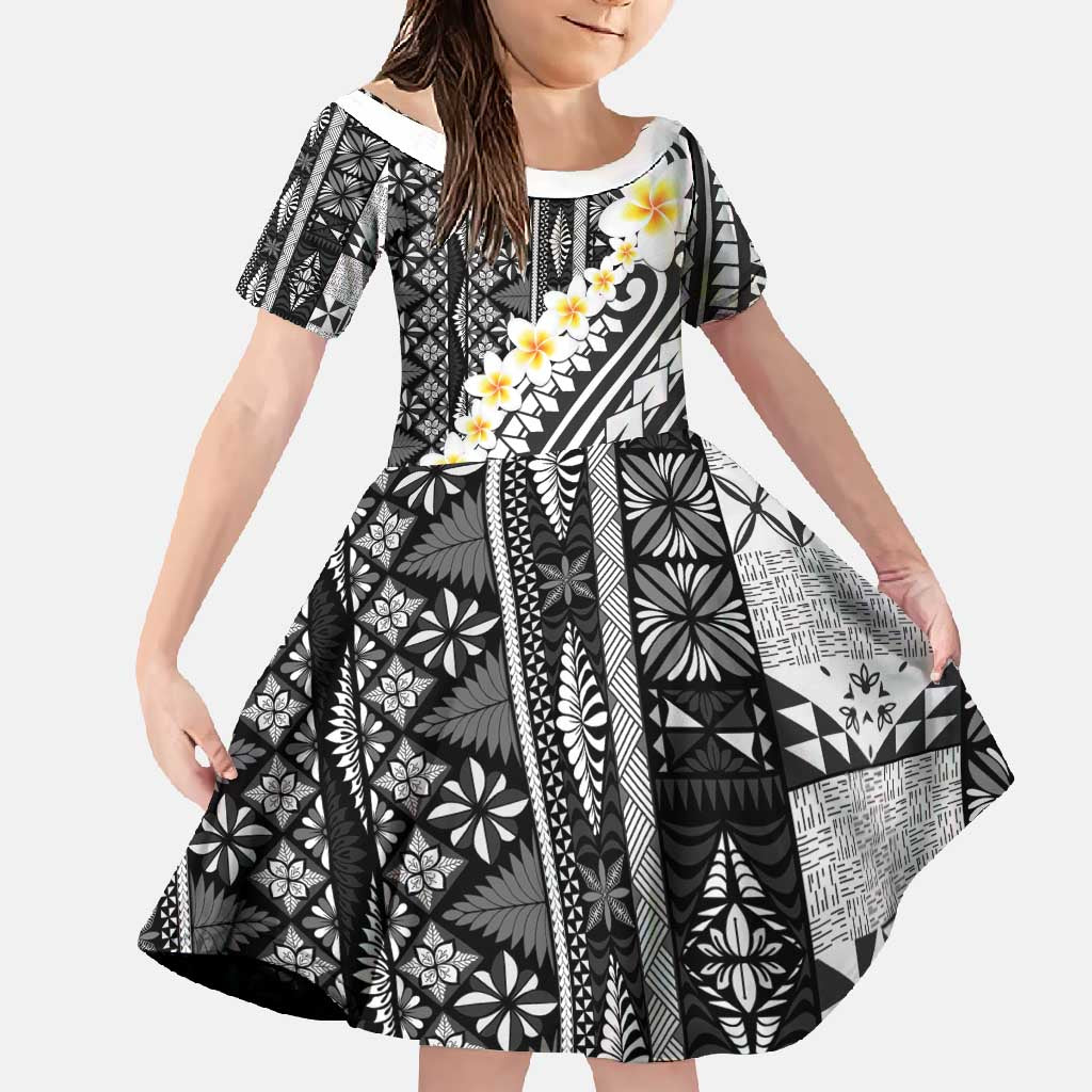 Black Vintage Tonga Ngatu Pattern With Plumeria Family Matching Off Shoulder Maxi Dress and Hawaiian Shirt LT05 Daughter's Dress Black - Polynesian Pride