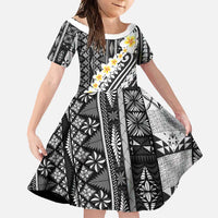 Black Vintage Tonga Ngatu Pattern With Plumeria Family Matching Off Shoulder Maxi Dress and Hawaiian Shirt LT05 Daughter's Dress Black - Polynesian Pride