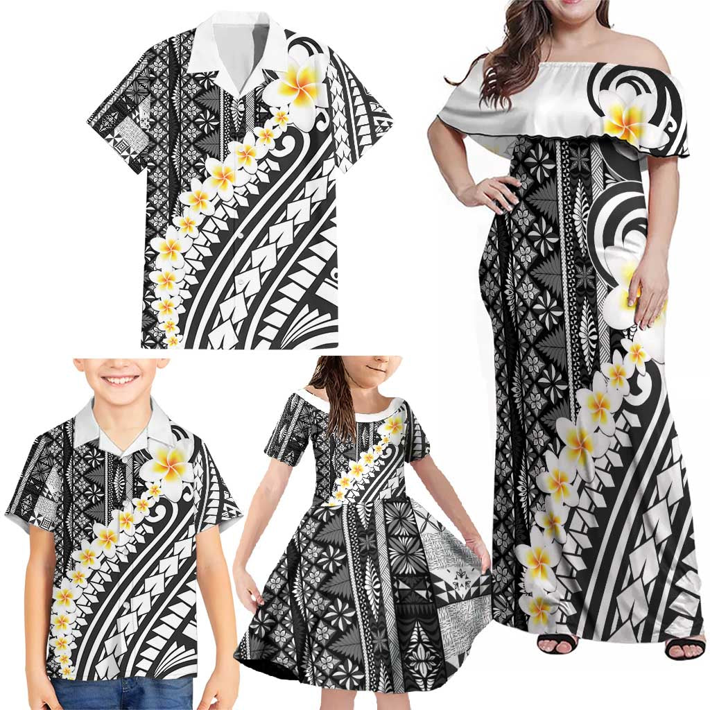 Black Vintage Tonga Ngatu Pattern With Plumeria Family Matching Off Shoulder Maxi Dress and Hawaiian Shirt LT05 - Polynesian Pride