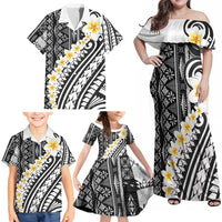 Black Vintage Tonga Ngatu Pattern With Plumeria Family Matching Off Shoulder Maxi Dress and Hawaiian Shirt LT05 - Polynesian Pride