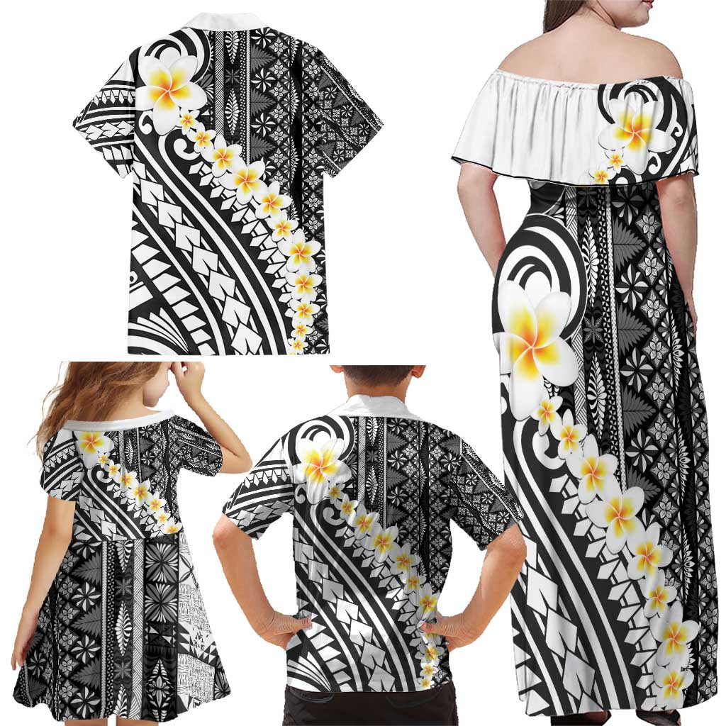 Black Vintage Tonga Ngatu Pattern With Plumeria Family Matching Off Shoulder Maxi Dress and Hawaiian Shirt LT05 - Polynesian Pride
