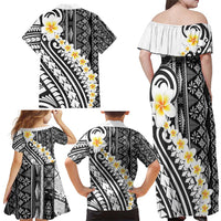 Black Vintage Tonga Ngatu Pattern With Plumeria Family Matching Off Shoulder Maxi Dress and Hawaiian Shirt LT05 - Polynesian Pride