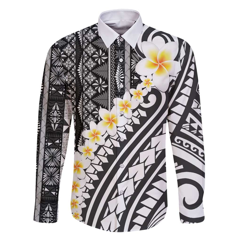 Black Vintage Tonga Ngatu Pattern With Plumeria Family Matching Off Shoulder Maxi Dress and Hawaiian Shirt LT05 Dad's Shirt - Long Sleeve Black - Polynesian Pride