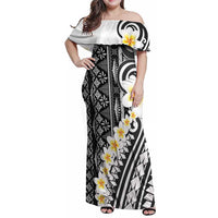 Black Vintage Tonga Ngatu Pattern With Plumeria Family Matching Off Shoulder Maxi Dress and Hawaiian Shirt LT05 Mom's Dress Black - Polynesian Pride
