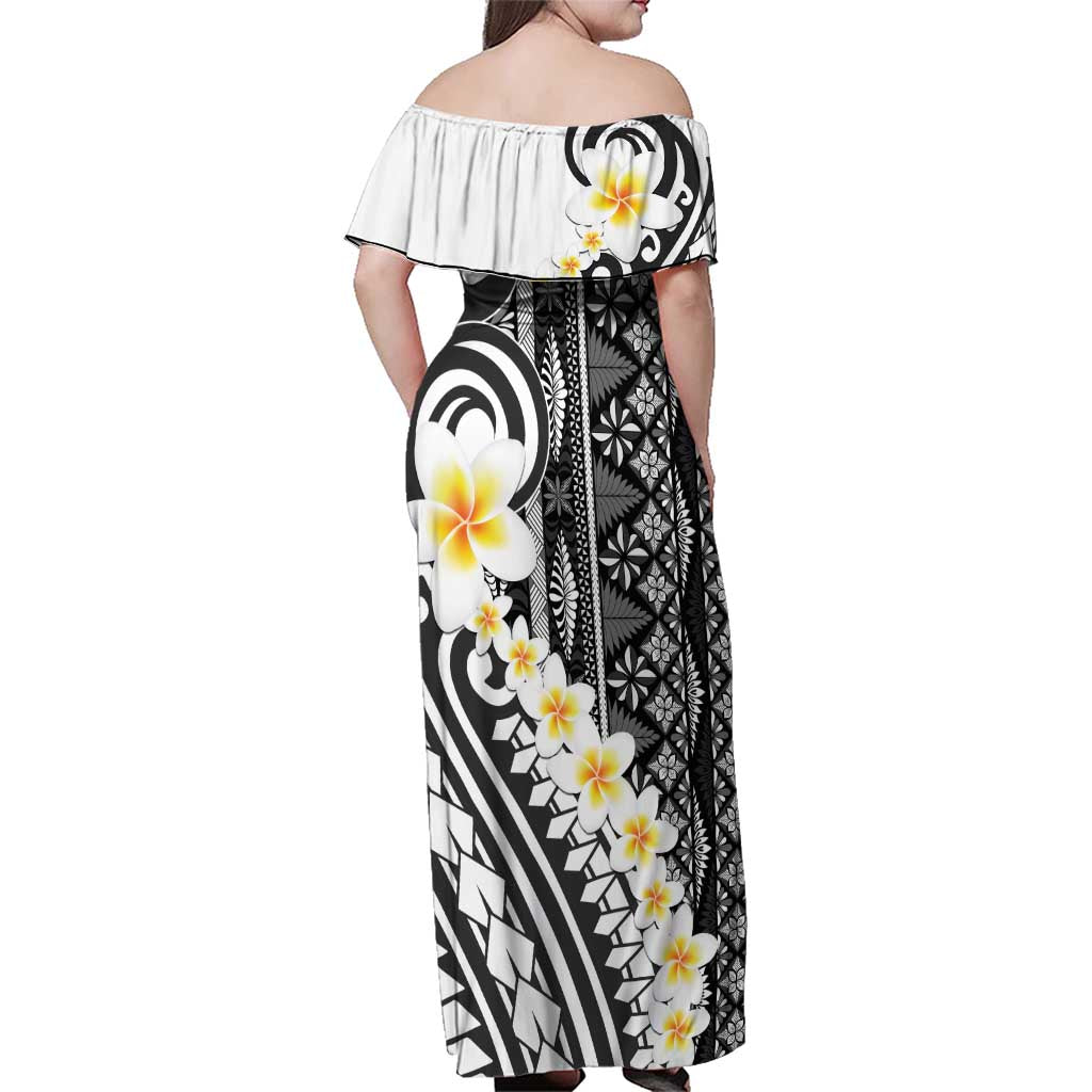 Black Vintage Tonga Ngatu Pattern With Plumeria Family Matching Off Shoulder Maxi Dress and Hawaiian Shirt LT05 - Polynesian Pride