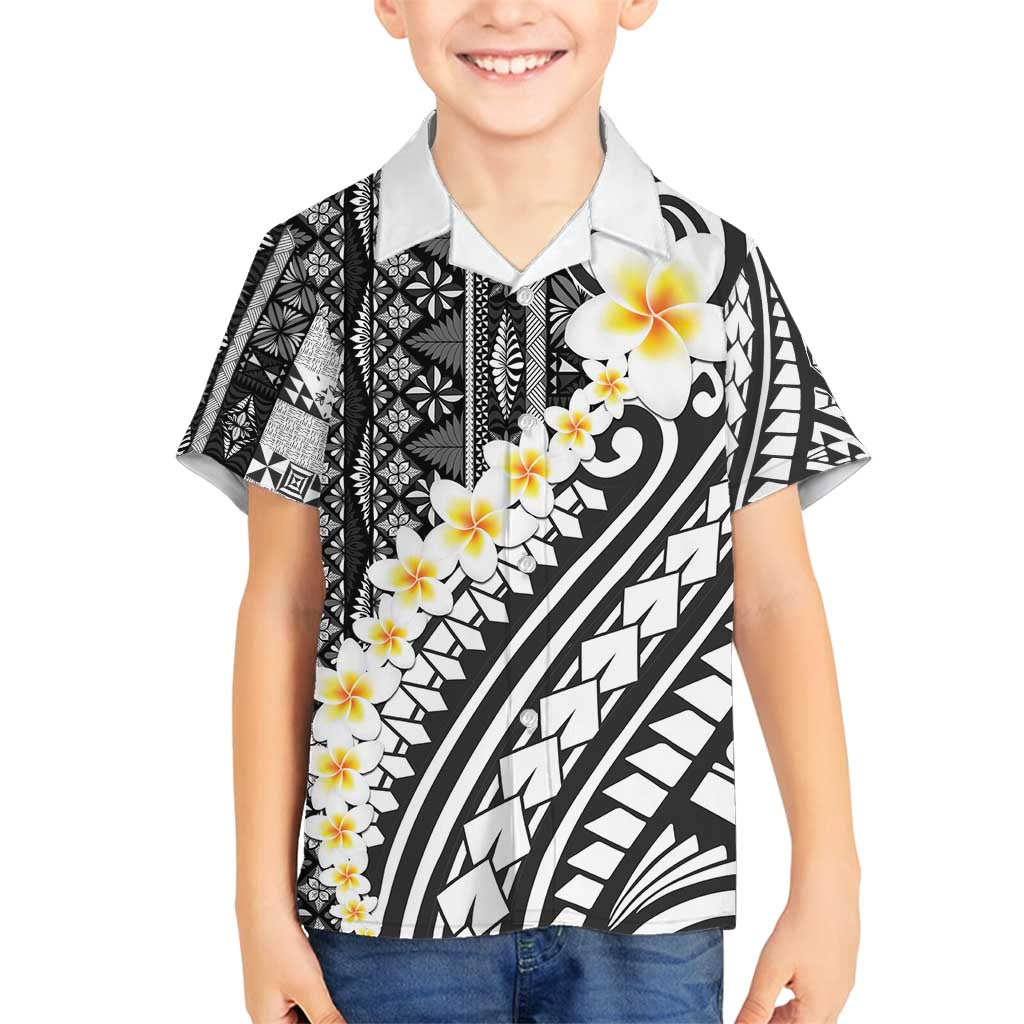 Black Vintage Tonga Ngatu Pattern With Plumeria Family Matching Off Shoulder Maxi Dress and Hawaiian Shirt LT05 Son's Shirt Black - Polynesian Pride