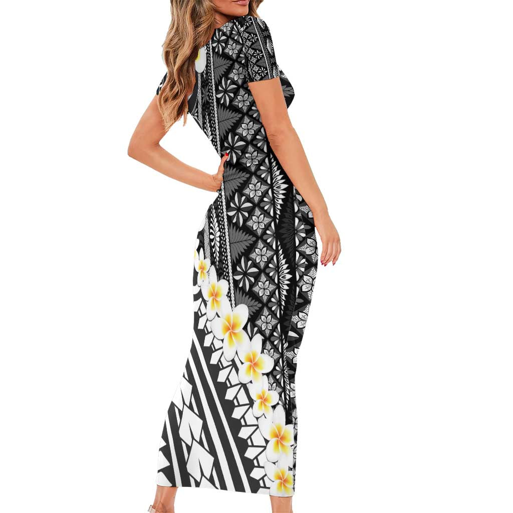 Black Vintage Tonga Ngatu Pattern With Plumeria Family Matching Short Sleeve Bodycon Dress and Hawaiian Shirt - Polynesian Pride