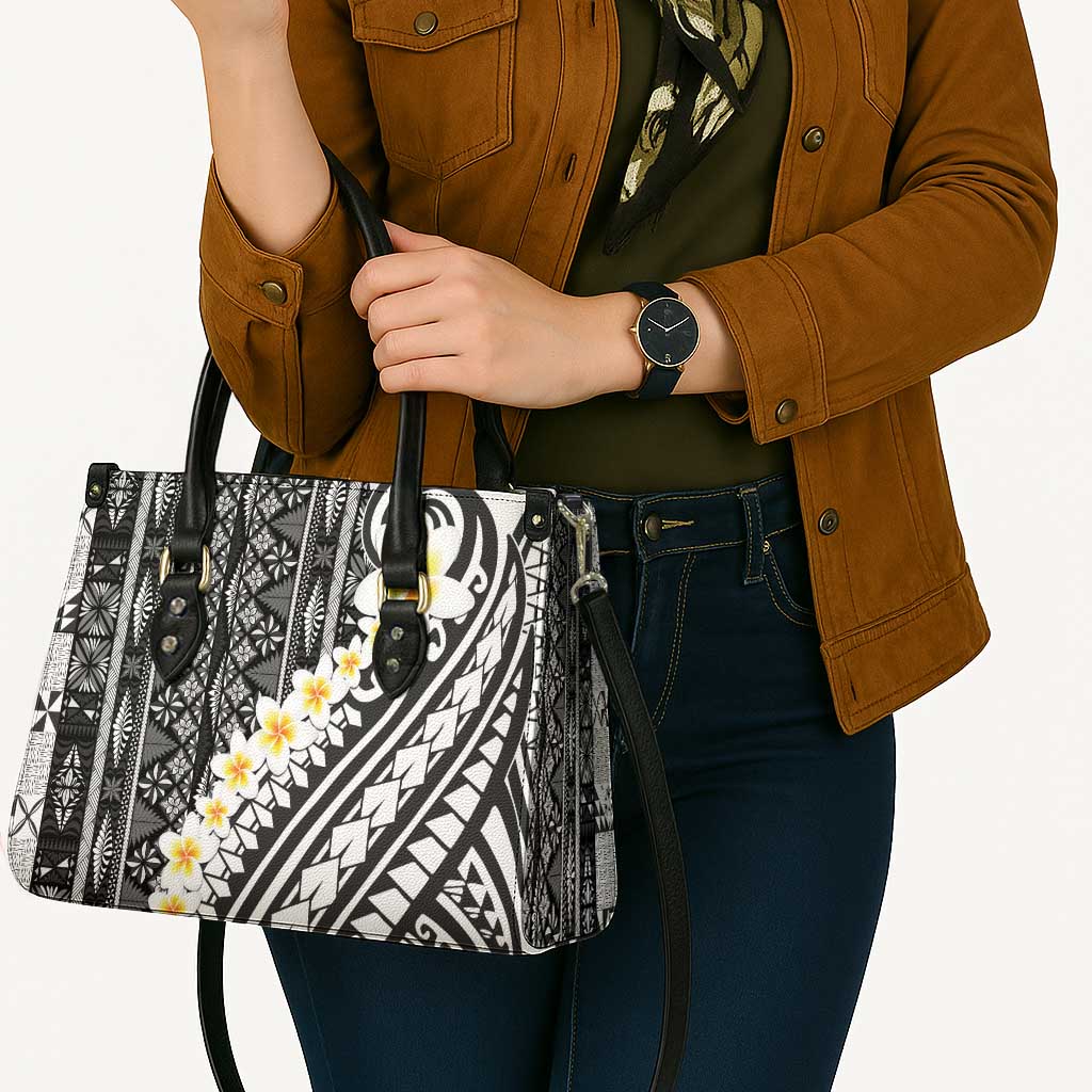 Black Vintage Tonga Ngatu Pattern With Plumeria Leather Bag LT05 - Polynesian Pride