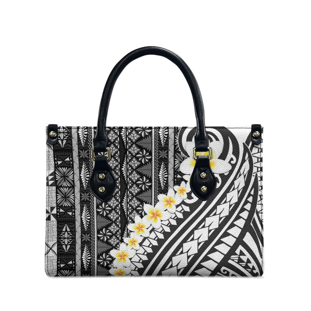 Black Vintage Tonga Ngatu Pattern With Plumeria Leather Bag LT05 - Polynesian Pride