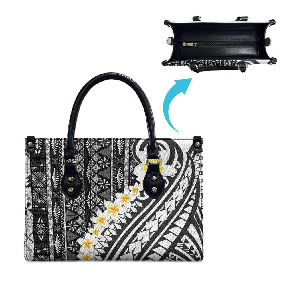 Black Vintage Tonga Ngatu Pattern With Plumeria Leather Bag LT05 - Polynesian Pride