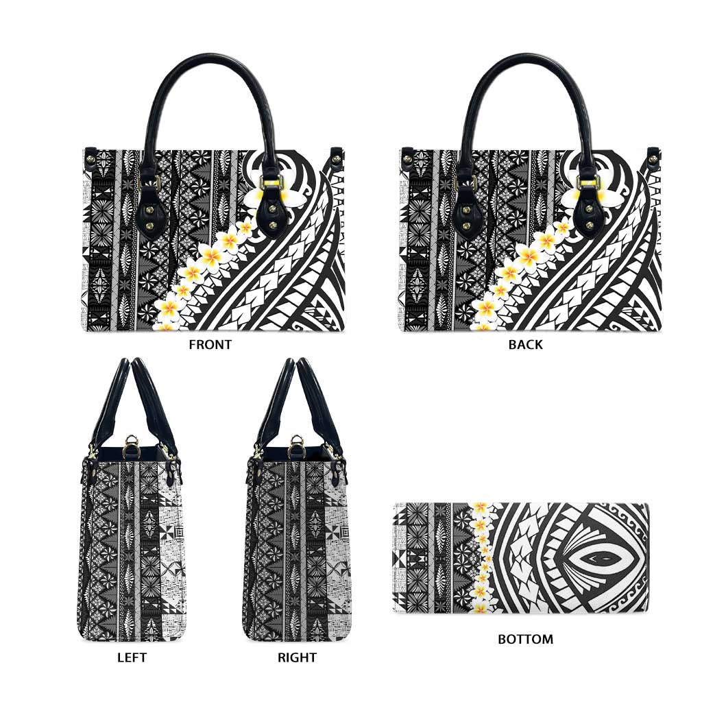 Black Vintage Tonga Ngatu Pattern With Plumeria Leather Bag LT05 - Polynesian Pride