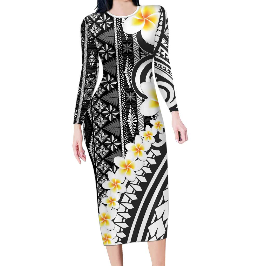 Black Vintage Tonga Ngatu Pattern With Plumeria Long Sleeve Bodycon Dress LT05 Long Dress Black - Polynesian Pride