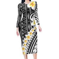 Black Vintage Tonga Ngatu Pattern With Plumeria Long Sleeve Bodycon Dress LT05 Long Dress Black - Polynesian Pride