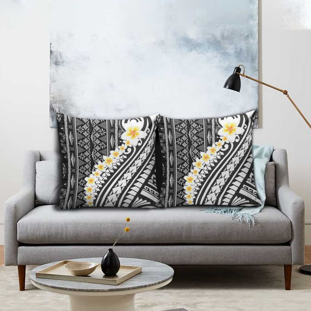 Black Vintage Tonga Ngatu Pattern With Plumeria Pillow Cover LT05 - Polynesian Pride