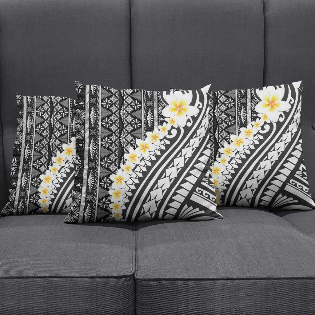 Black Vintage Tonga Ngatu Pattern With Plumeria Pillow Cover LT05 - Polynesian Pride