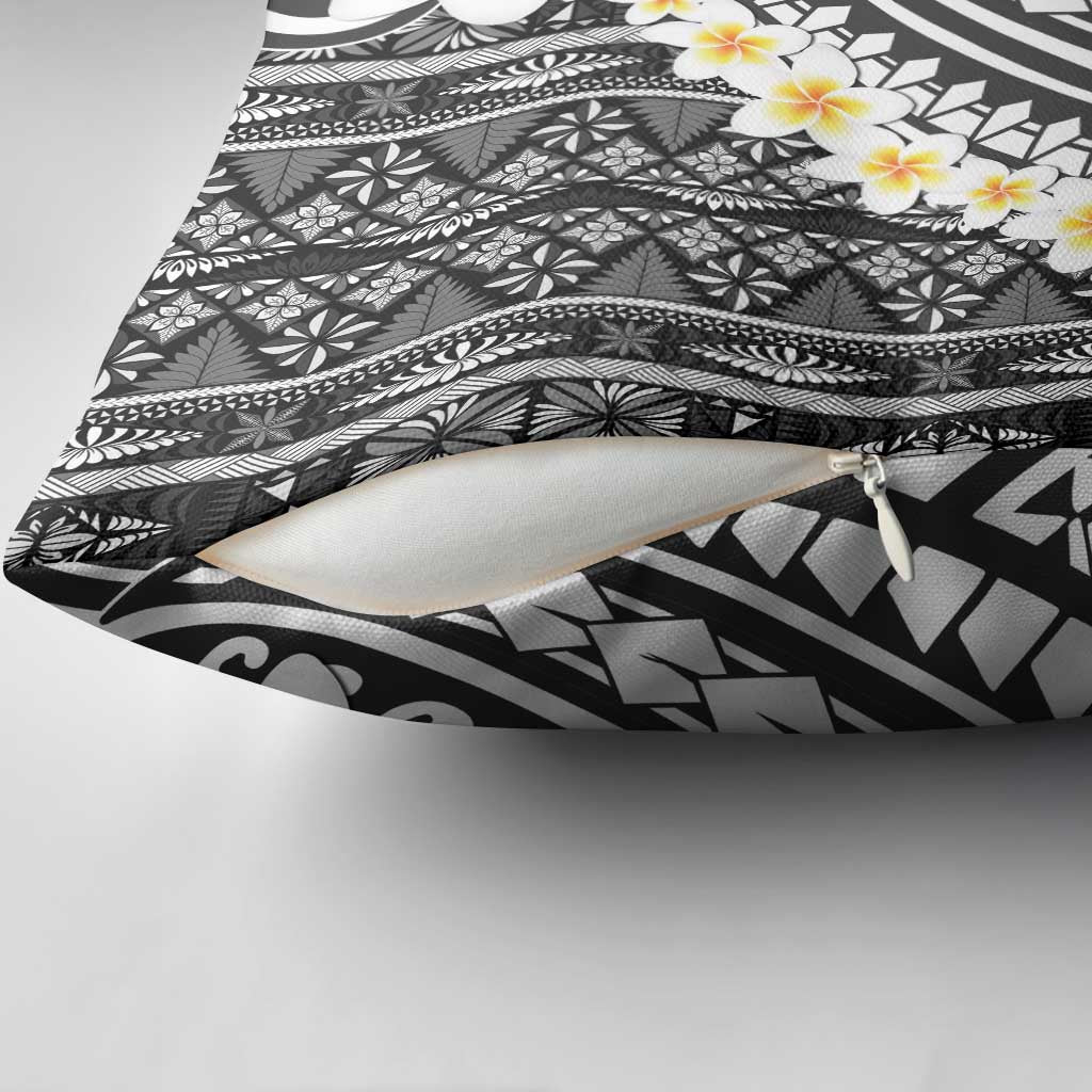 Black Vintage Tonga Ngatu Pattern With Plumeria Pillow Cover LT05 - Polynesian Pride