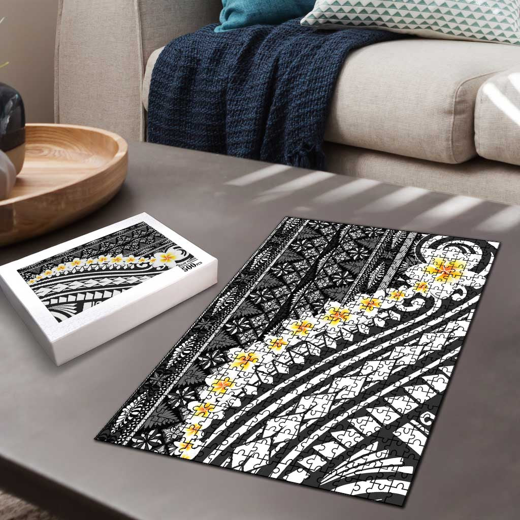 Black Vintage Tonga Ngatu Pattern With Plumeria Puzzle - Polynesian Pride