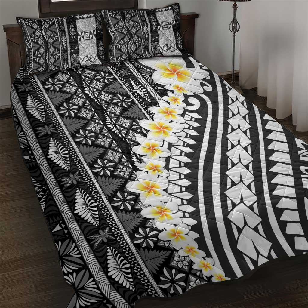 Black Vintage Tonga Ngatu Pattern With Plumeria Quilt Bed Set LT05 Black - Polynesian Pride
