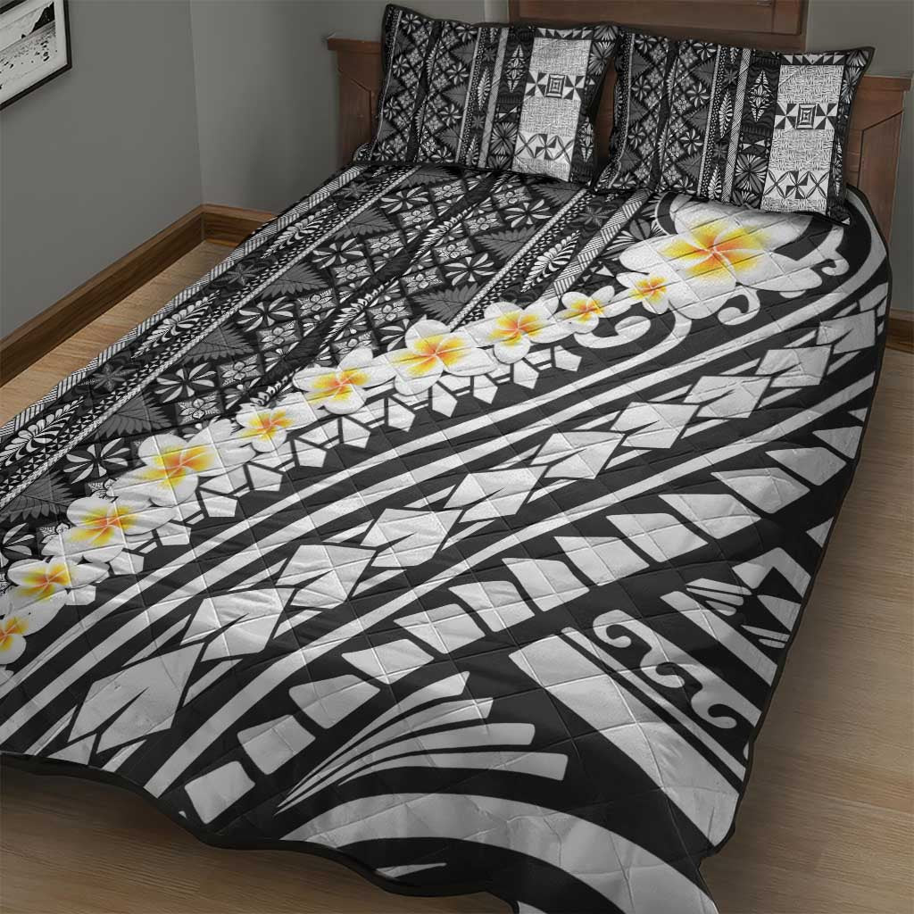 Black Vintage Tonga Ngatu Pattern With Plumeria Quilt Bed Set LT05 - Polynesian Pride