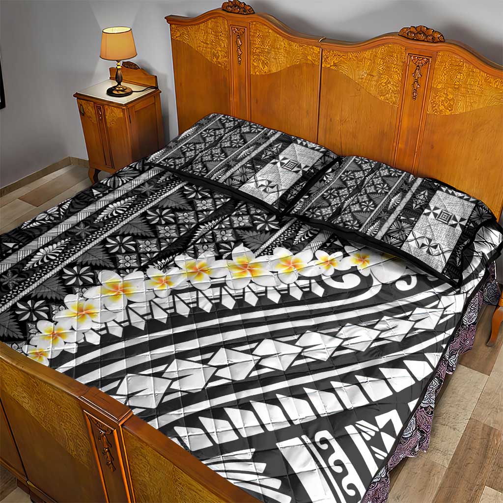 Black Vintage Tonga Ngatu Pattern With Plumeria Quilt Bed Set LT05 - Polynesian Pride