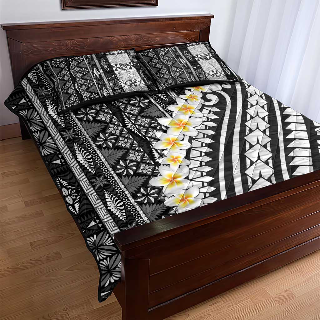 Black Vintage Tonga Ngatu Pattern With Plumeria Quilt Bed Set LT05 - Polynesian Pride