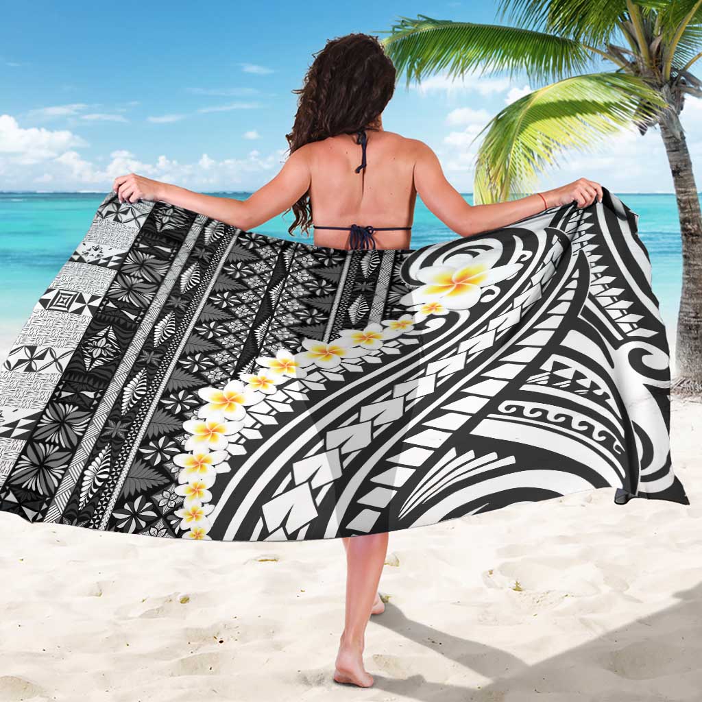 Black Vintage Tonga Ngatu Pattern With Plumeria Sarong LT05 - Polynesian Pride