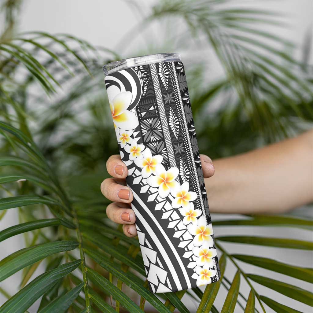 Black Vintage Tonga Ngatu Pattern With Plumeria Skinny Tumbler - Polynesian Pride