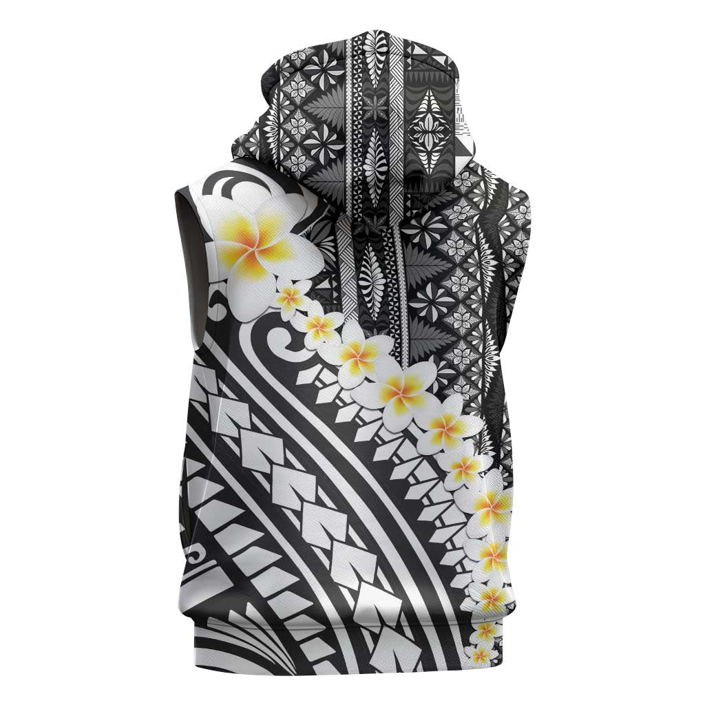 Black Vintage Tonga Ngatu Pattern With Plumeria Sleeveless Hoodie LT05 - Polynesian Pride