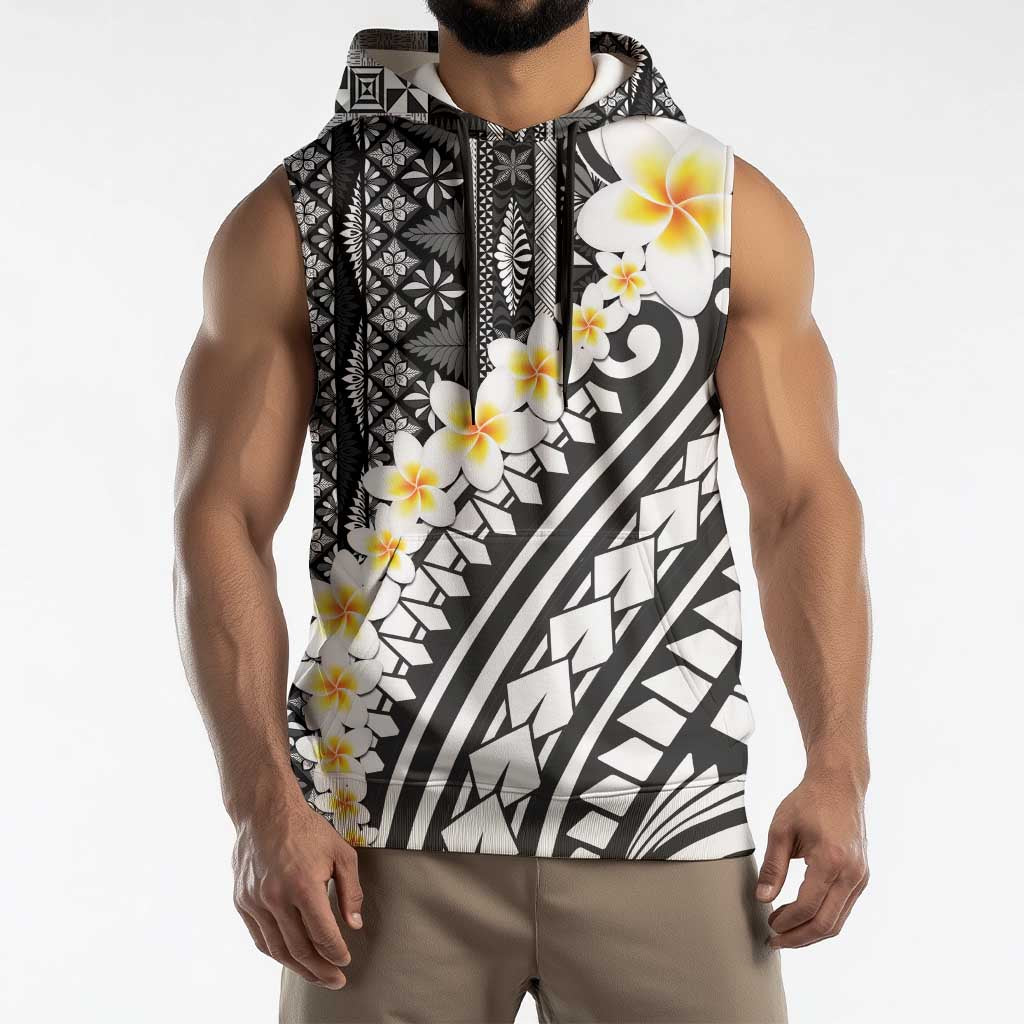 Black Vintage Tonga Ngatu Pattern With Plumeria Sleeveless Hoodie LT05 - Polynesian Pride
