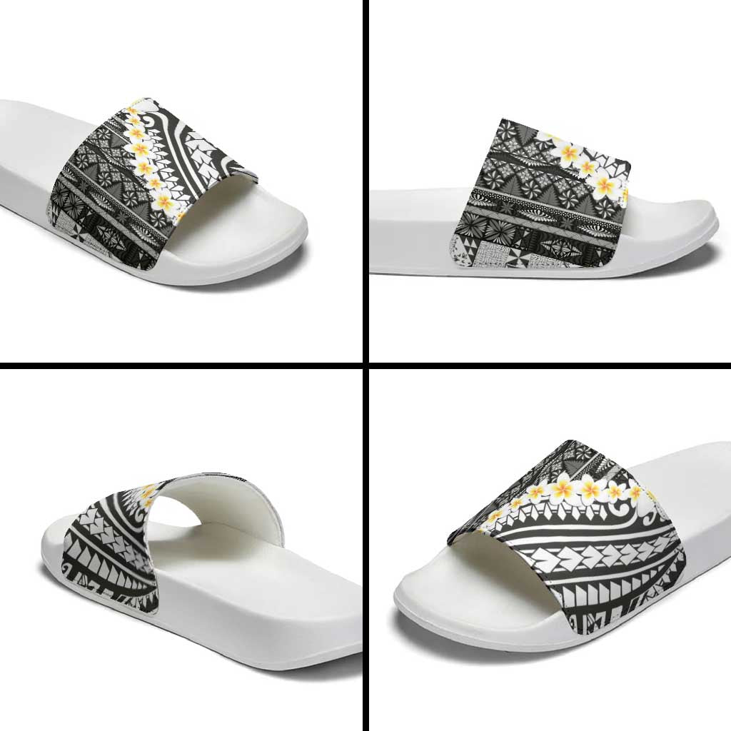 Black Vintage Tonga Ngatu Pattern With Plumeria Slide Sandals - Polynesian Pride