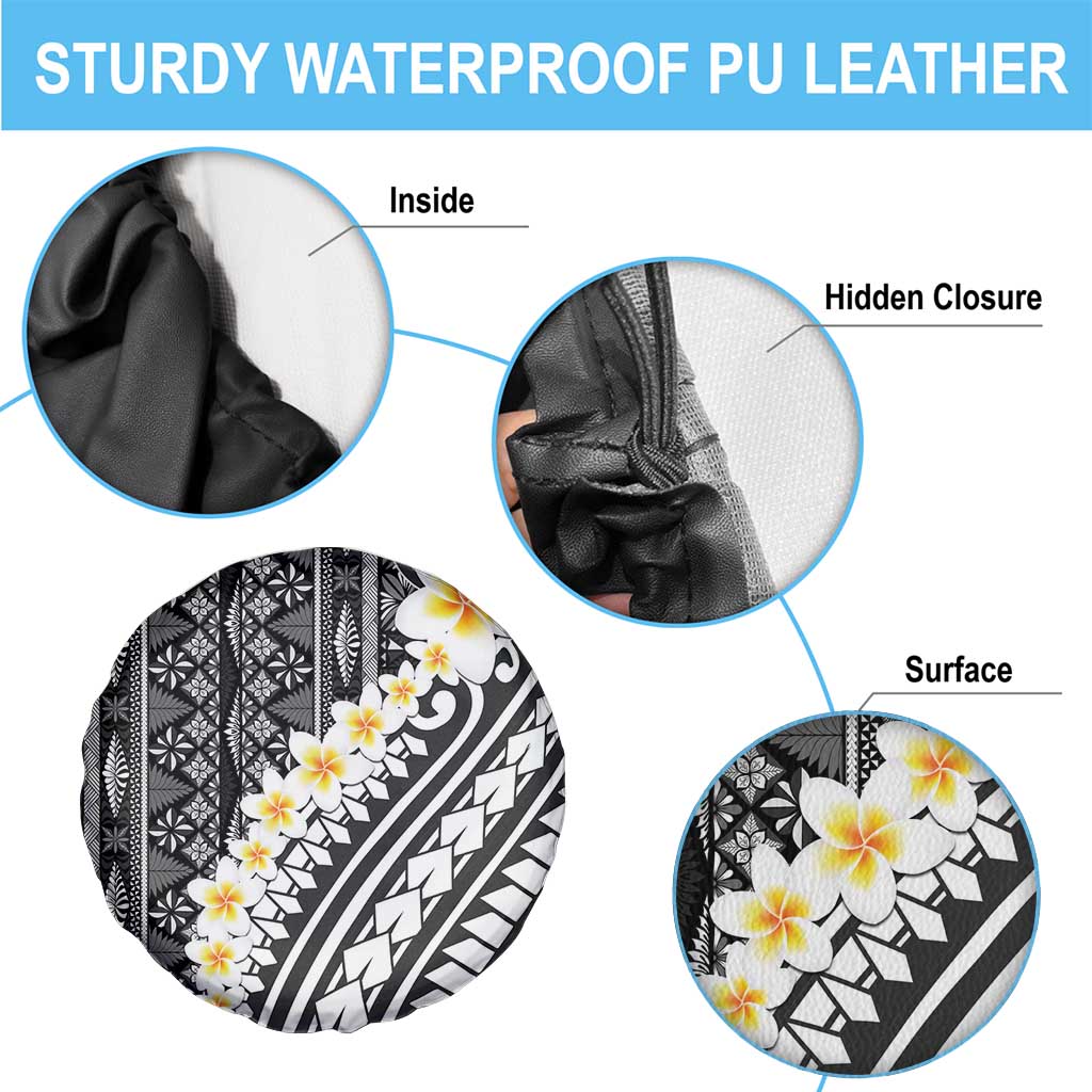 Black Vintage Tonga Ngatu Pattern With Plumeria Spare Tire Cover - Polynesian Pride