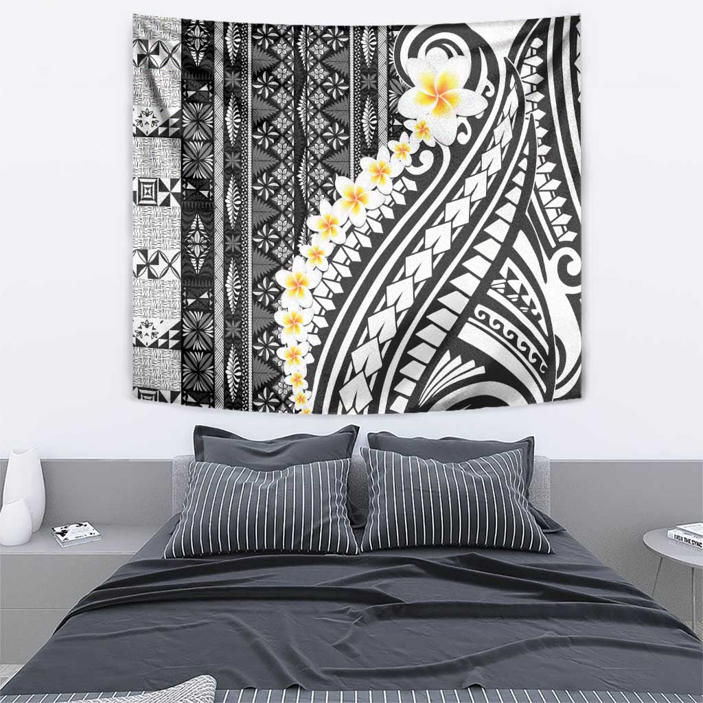 Black Vintage Tonga Ngatu Pattern With Plumeria Tapestry LT05 - Polynesian Pride