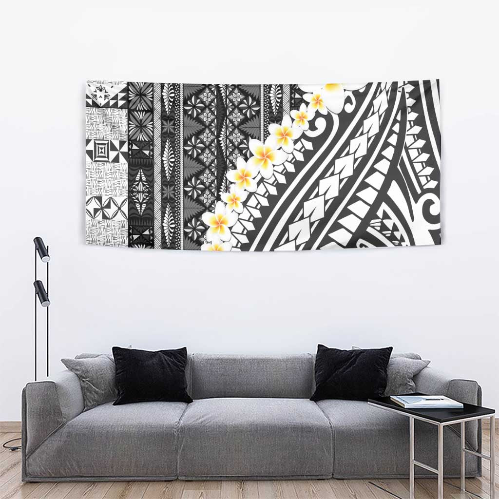 Black Vintage Tonga Ngatu Pattern With Plumeria Tapestry LT05 - Polynesian Pride