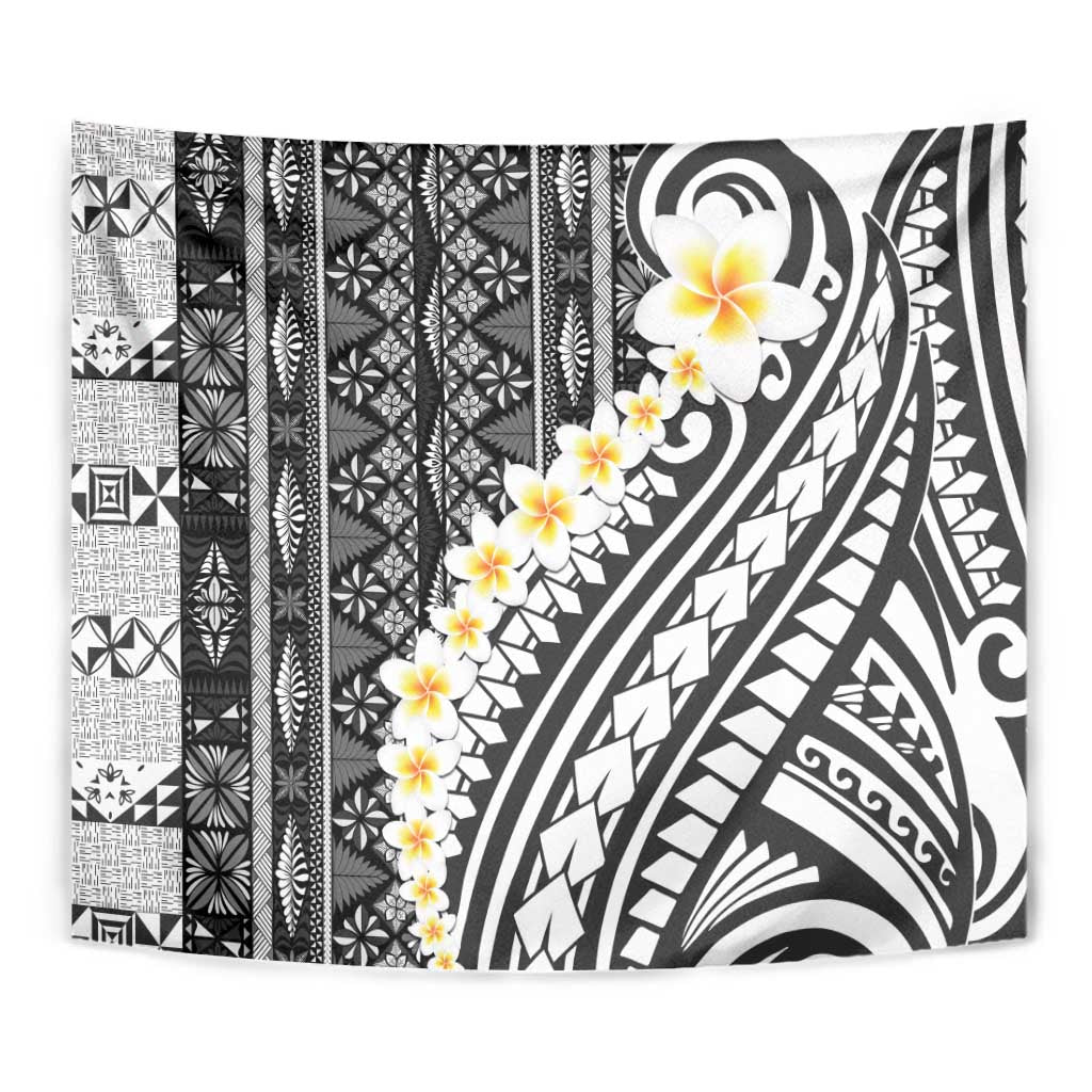Black Vintage Tonga Ngatu Pattern With Plumeria Tapestry LT05 - Polynesian Pride