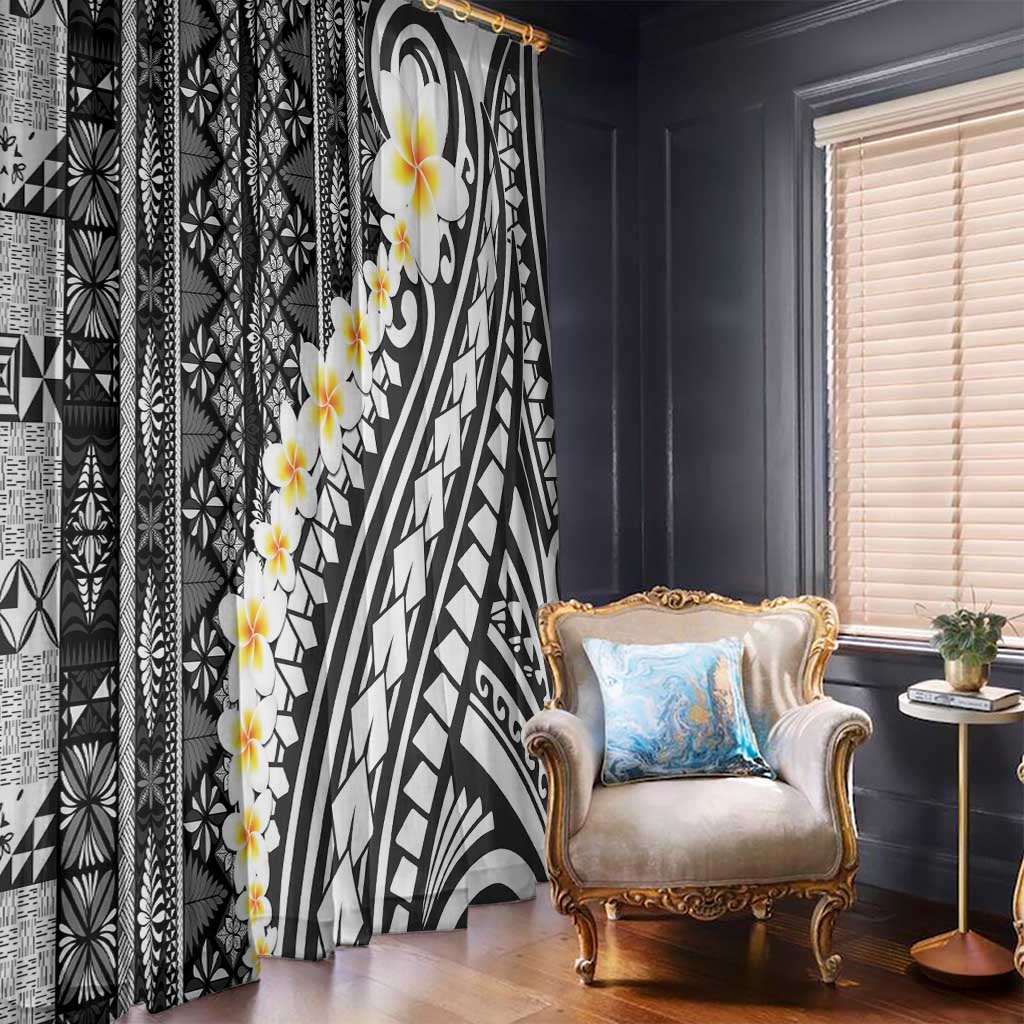 Black Vintage Tonga Ngatu Pattern With Plumeria Window Curtain LT05 - Polynesian Pride