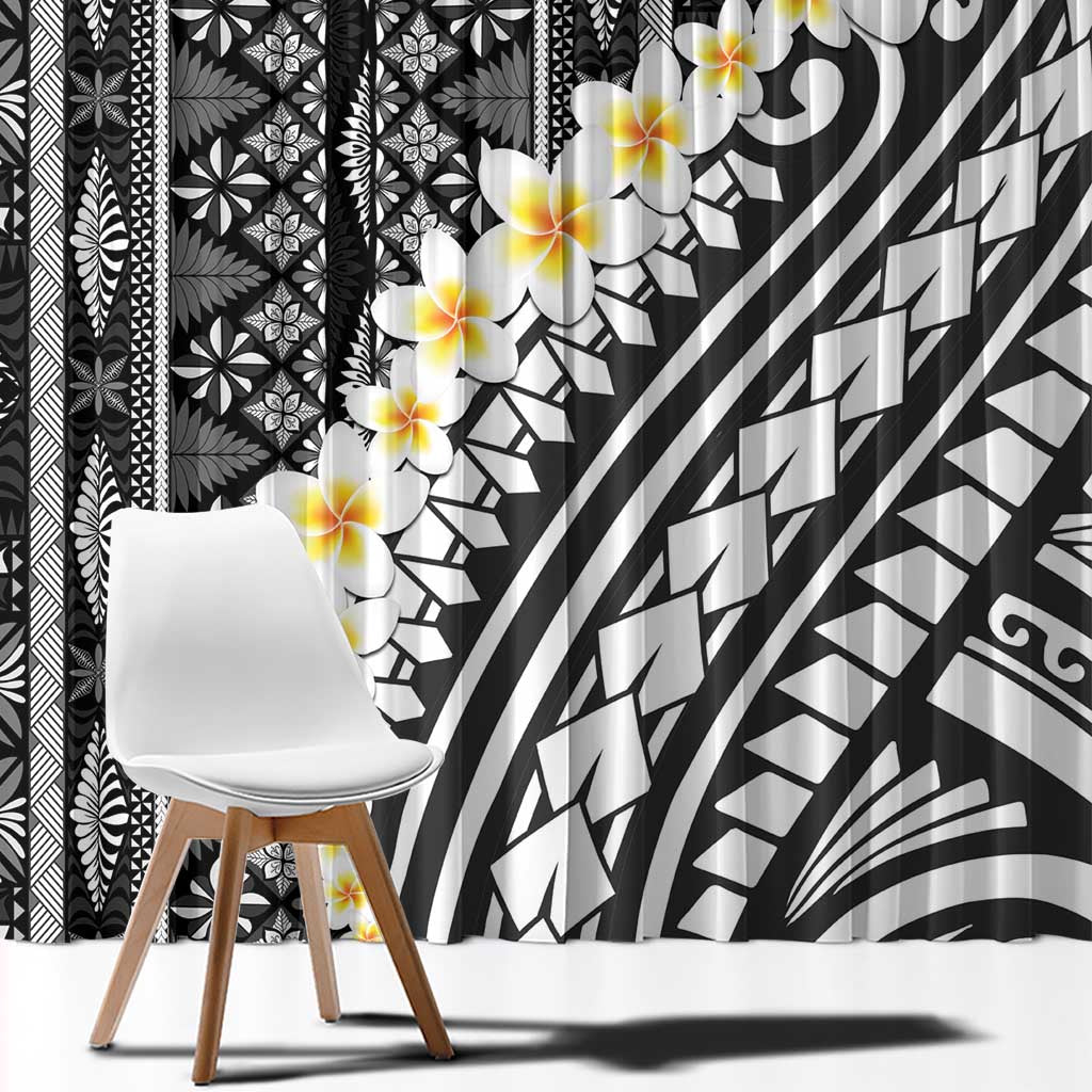 Black Vintage Tonga Ngatu Pattern With Plumeria Window Curtain LT05 - Polynesian Pride