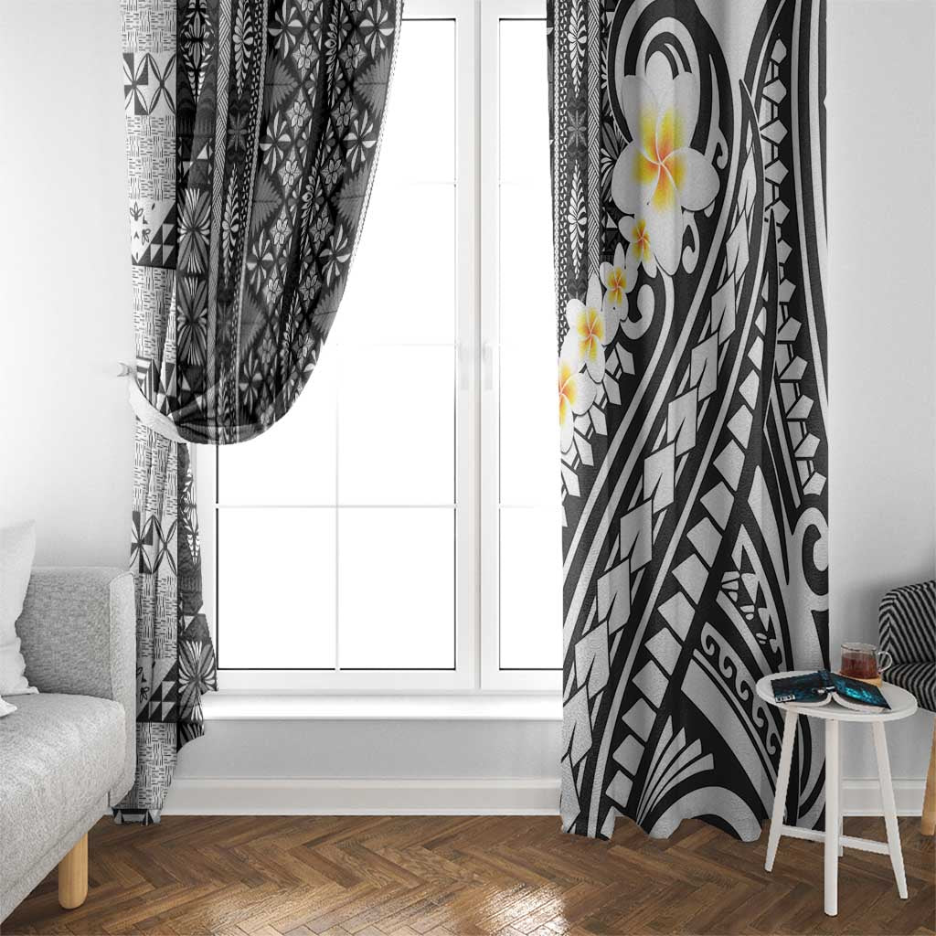 Black Vintage Tonga Ngatu Pattern With Plumeria Window Curtain LT05 - Polynesian Pride