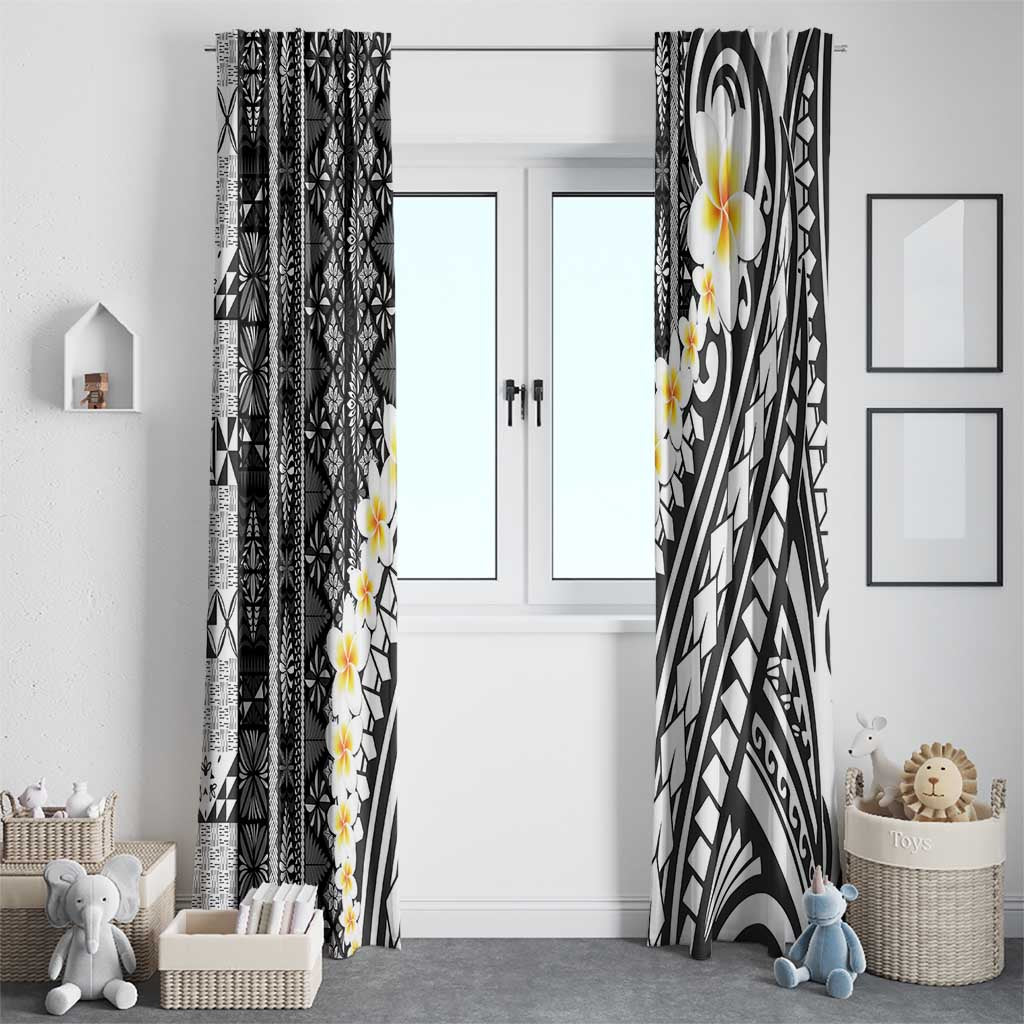 Black Vintage Tonga Ngatu Pattern With Plumeria Window Curtain LT05 - Polynesian Pride