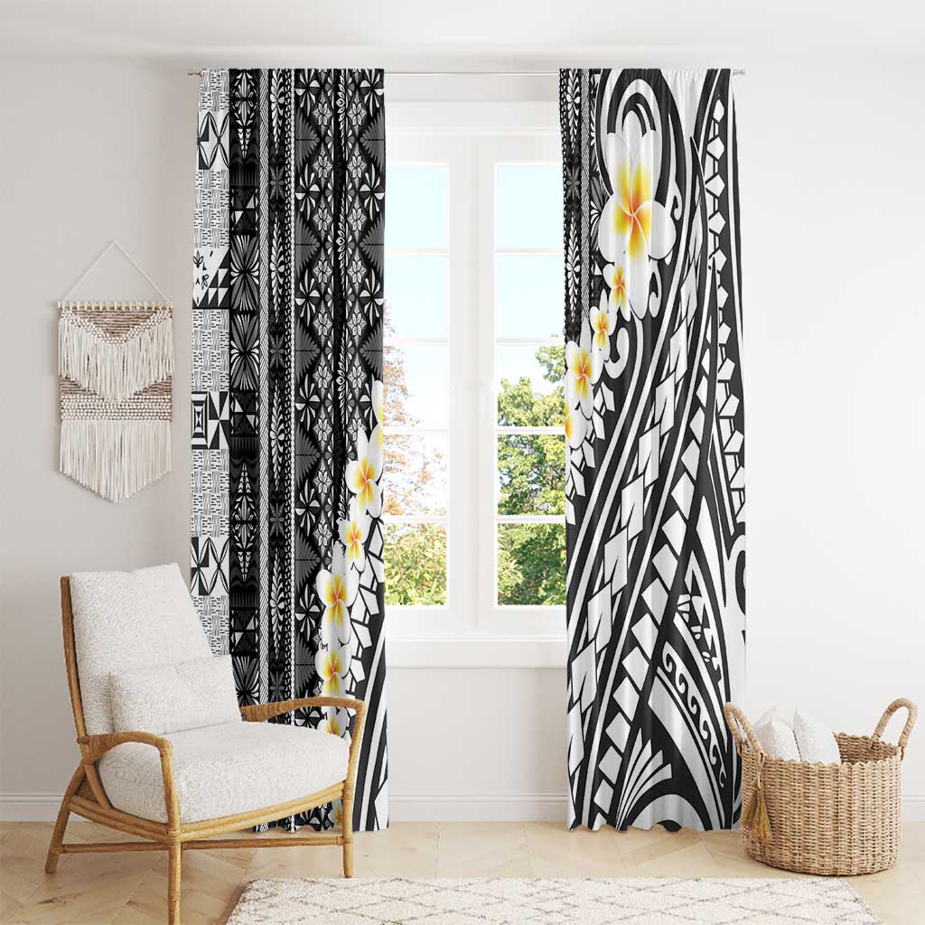 Black Vintage Tonga Ngatu Pattern With Plumeria Window Curtain LT05 - Polynesian Pride