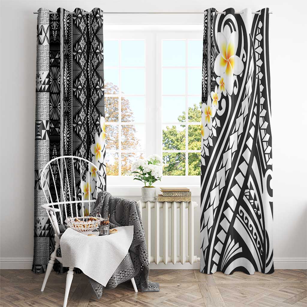 Black Vintage Tonga Ngatu Pattern With Plumeria Window Curtain LT05 - Polynesian Pride