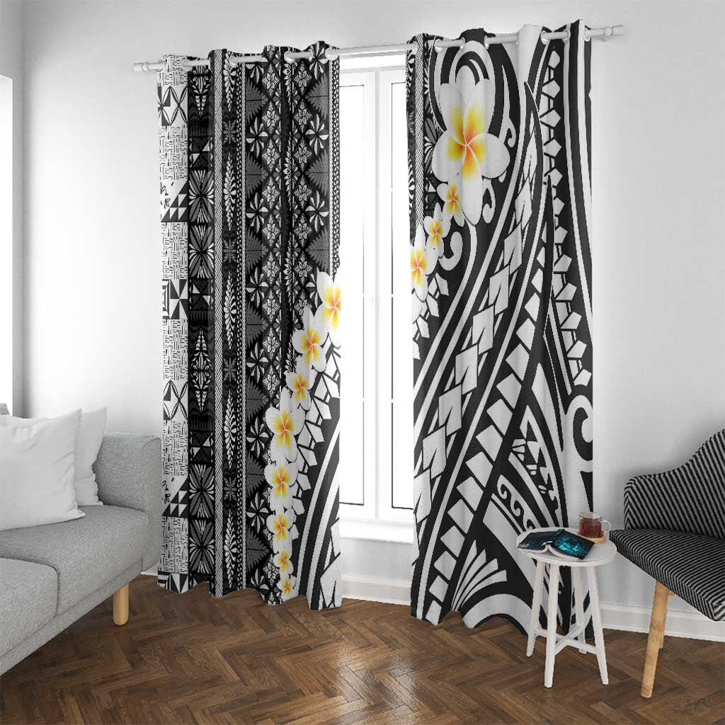 Black Vintage Tonga Ngatu Pattern With Plumeria Window Curtain LT05 With Grommets Black - Polynesian Pride