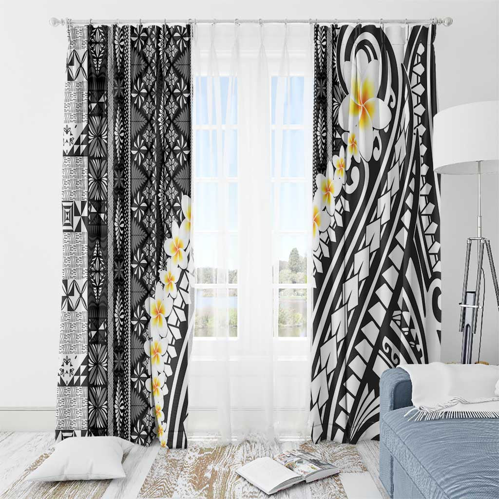 Black Vintage Tonga Ngatu Pattern With Plumeria Window Curtain LT05 - Polynesian Pride