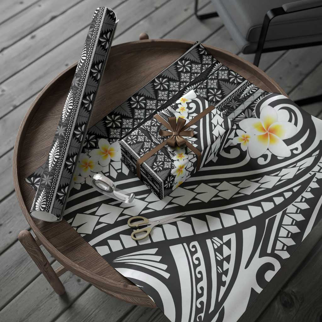 Black Vintage Tonga Ngatu Pattern With Plumeria Wrapping Paper