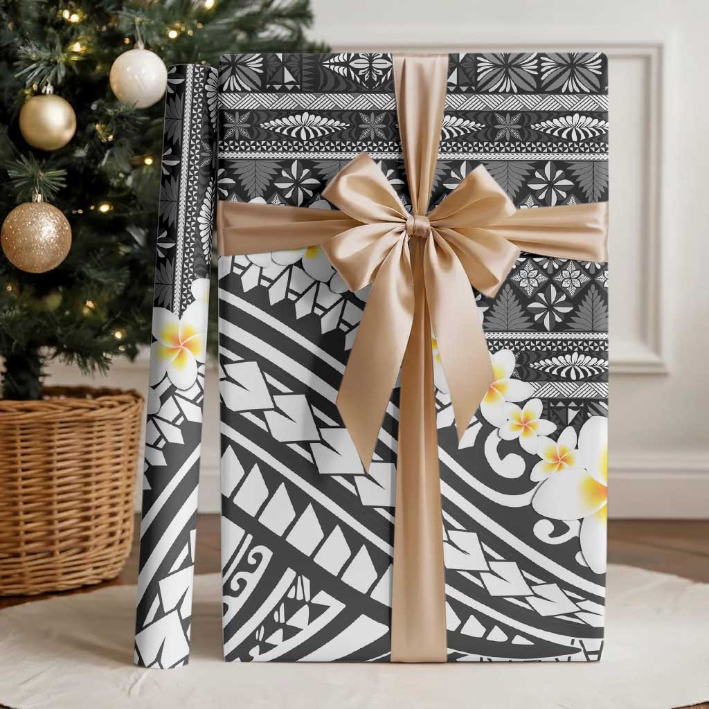 Black Vintage Tonga Ngatu Pattern With Plumeria Wrapping Paper