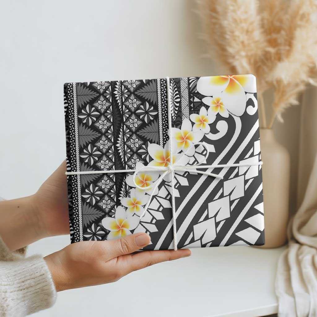 Black Vintage Tonga Ngatu Pattern With Plumeria Wrapping Paper