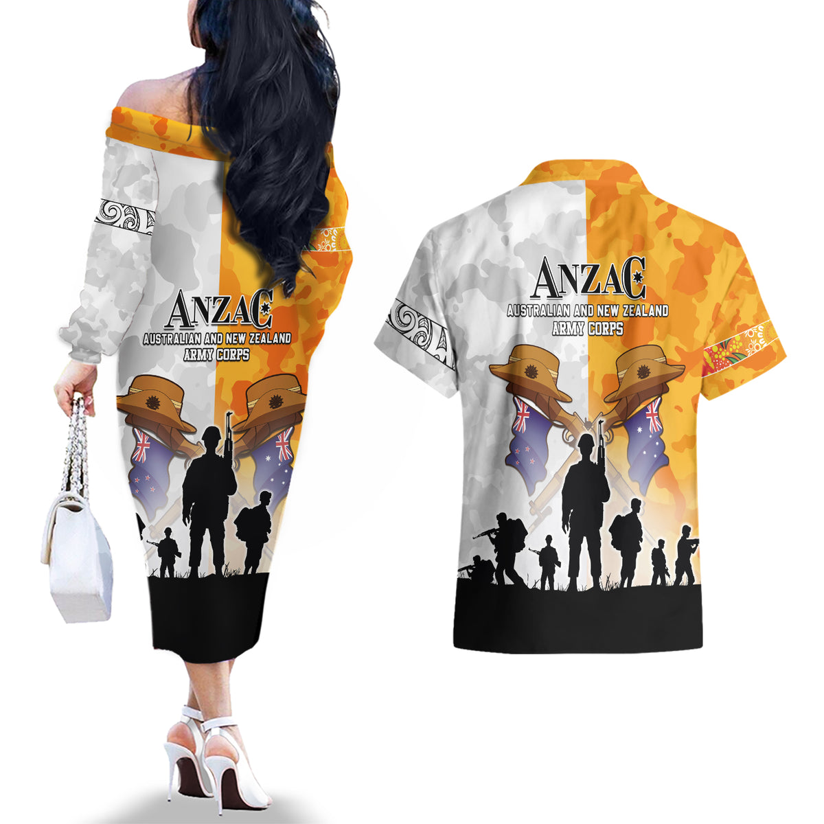 Australia And New Zealand ANZAC Day Couples Matching Off The Shoulder Long Sleeve Dress and Hawaiian Shirt Lest We Forget LT05 - Polynesian Pride