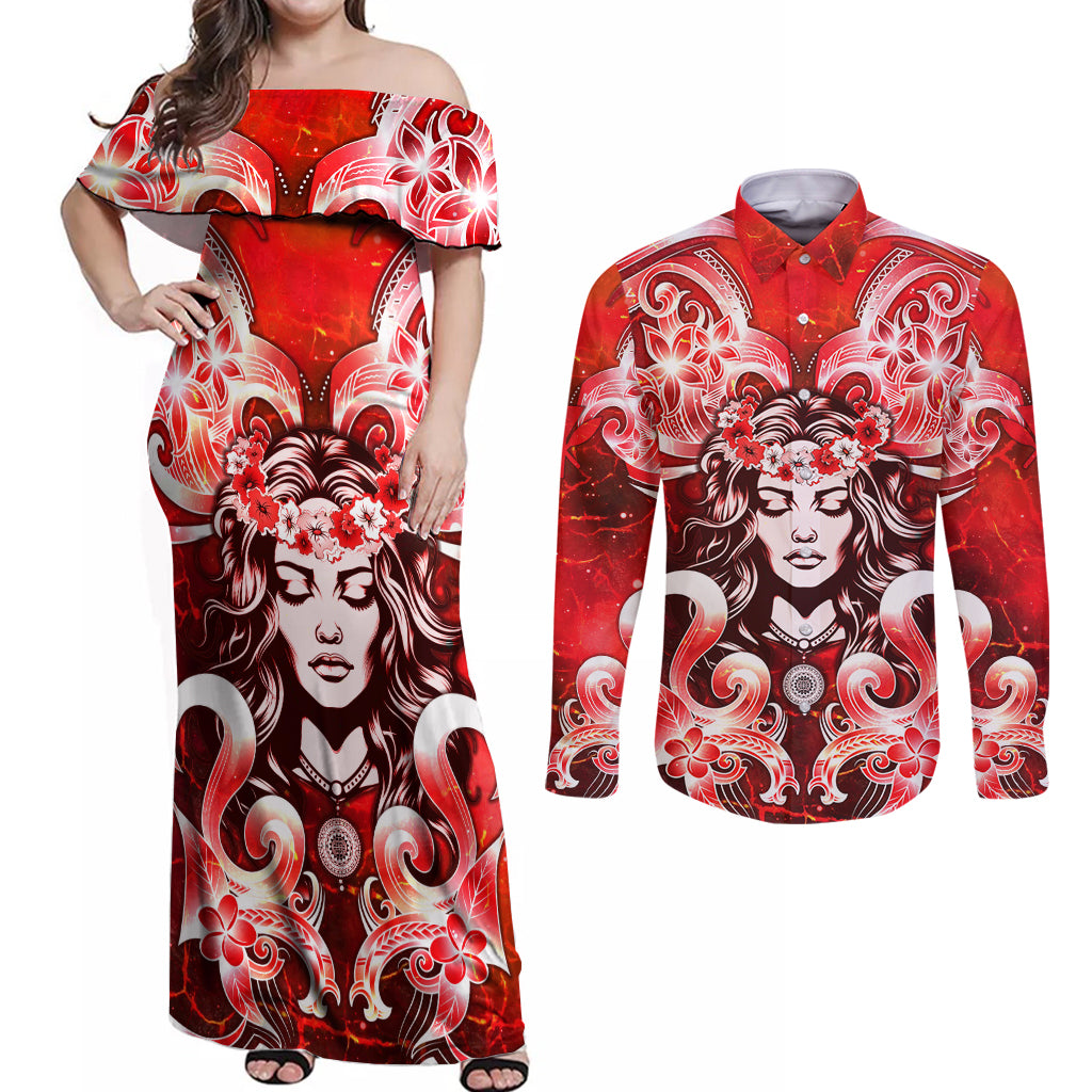 Hawaii Goddess Of Fire Madame Pele Couples Matching Off Shoulder Maxi Dress and Long Sleeve Button Shirt Polynesian Style LT05 Red - Polynesian Pride