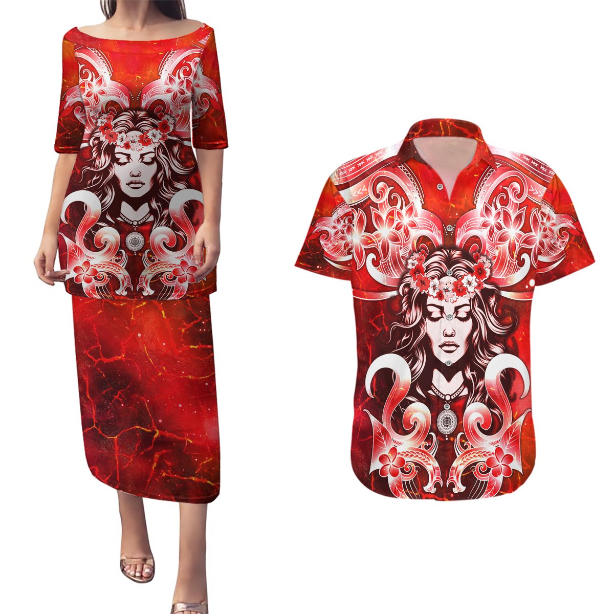 Hawaii Goddess Of Fire Madame Pele Couples Matching Puletasi and Hawaiian Shirt Polynesian Style LT05 Red - Polynesian Pride